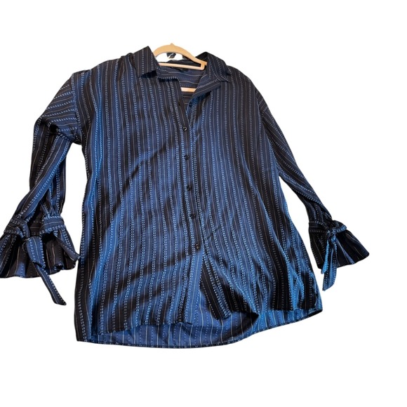 DREW Tops - DREW Made in USA Navy Textured Stripe Blouse Size M Button Down Shirt